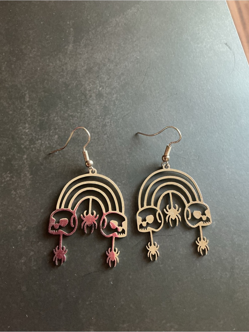Silver Tone Rainbow Skull & Spider Earrings